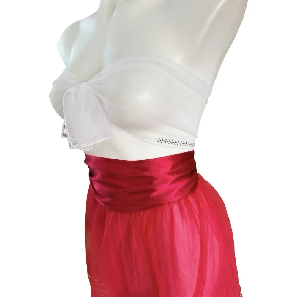 Vintage Red Sheer Chiffon Apron Gold Rickrack Trim Satin Bow